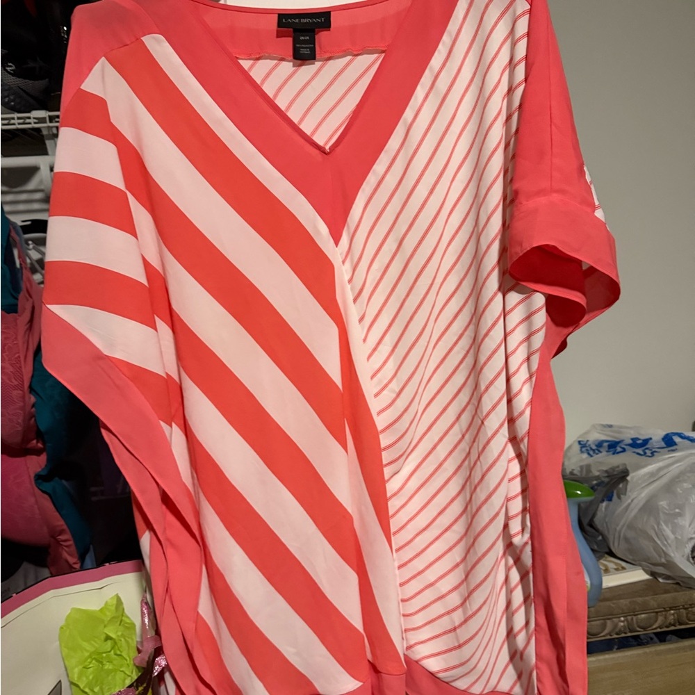 Lane Bryant Pink and White Dolman Sleeve Blouse